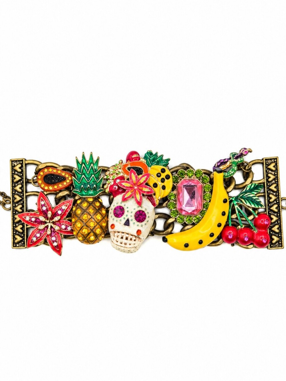 Betsey Johnson "Rio" Skull Multi-Charm Wide Toggle Bracelet Y2k